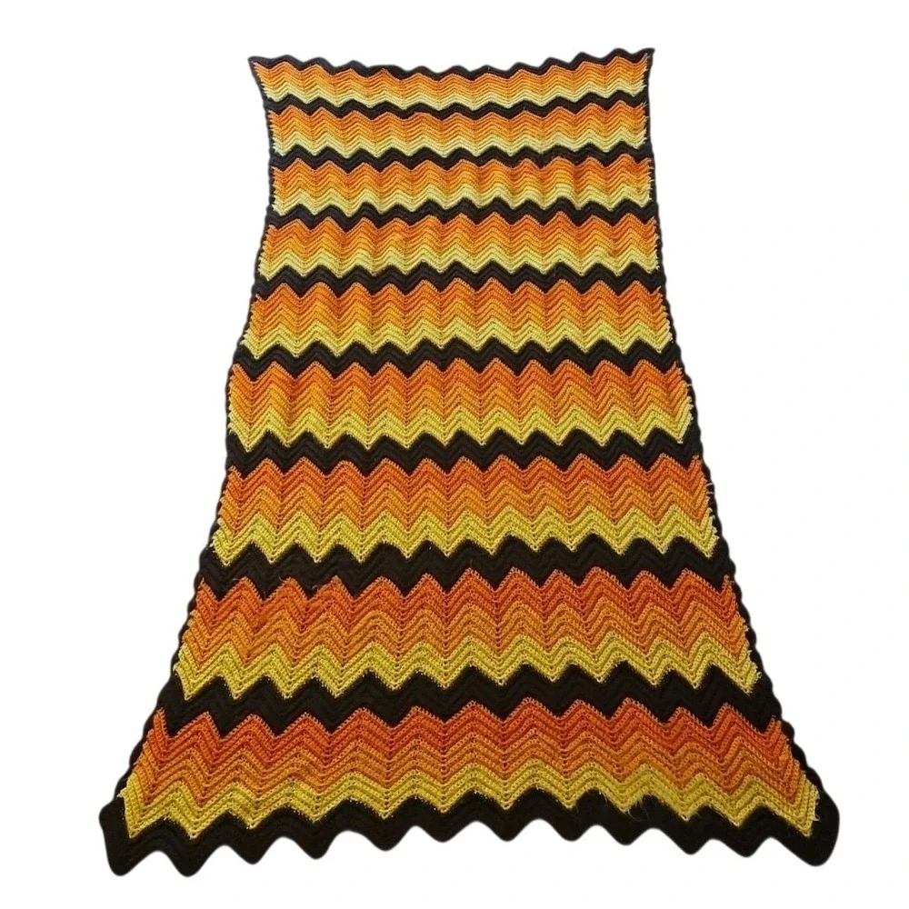 Vintage Handmade Chevron Crochet Blanket Orange Yellow Brown 75